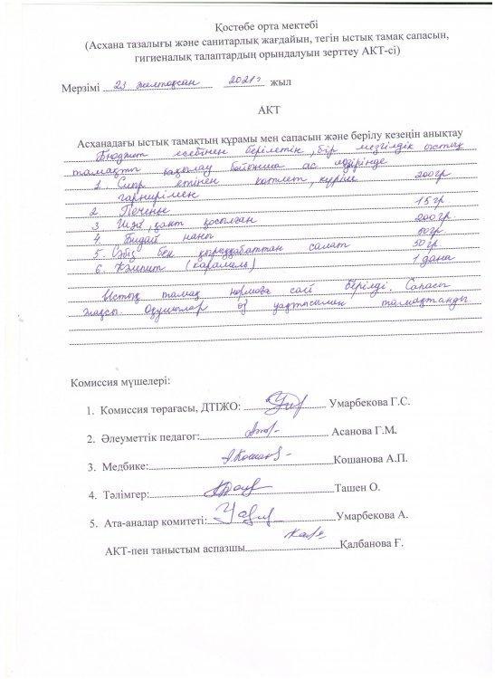Асхана тазалығы және және санитарлық жағдайын, тегін ыстық тамақ сапасын, гигиеналық талаптардың орындалуын  зерттеу актісі