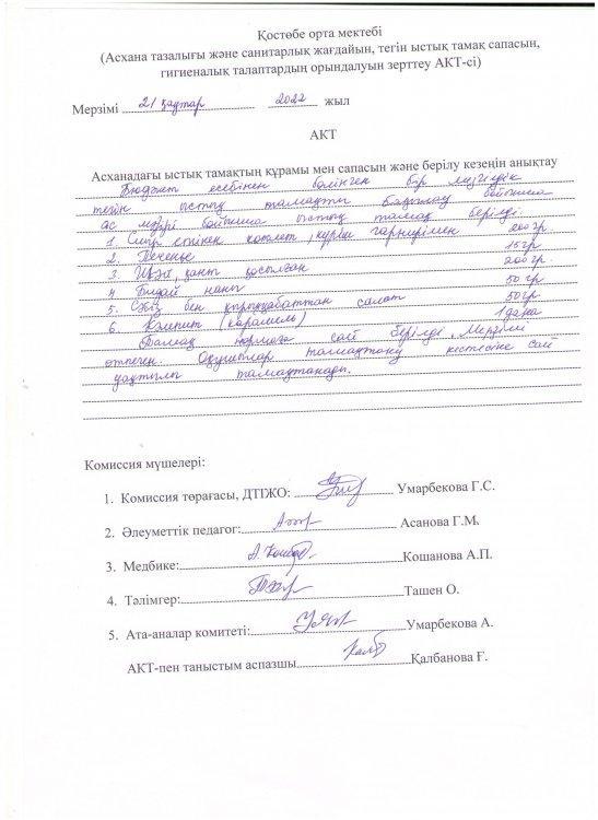 Асхана тазалығы және және санитарлық жағдайын, тегін ыстық тамақ сапасын, гигиеналық талаптардың орындалуын  зерттеу актісі